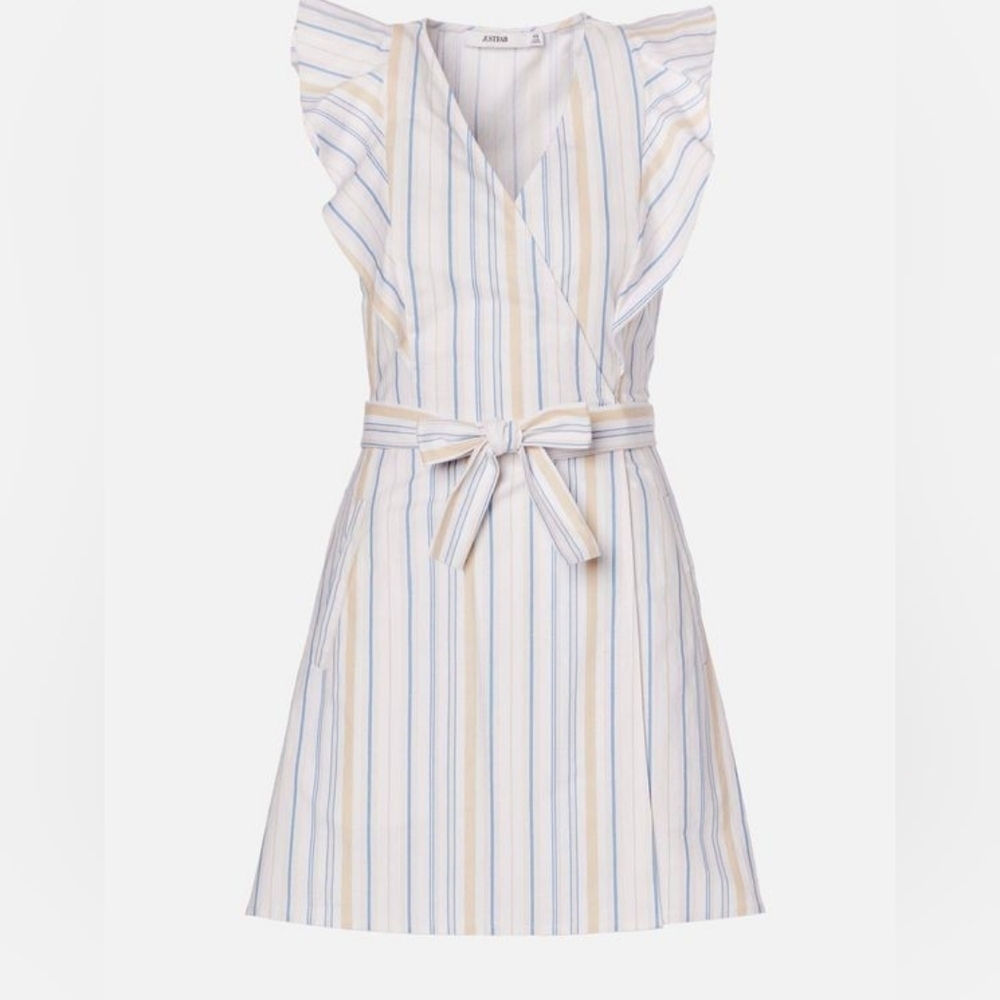 JustFab White and Blue Ruffled Sheath Dress